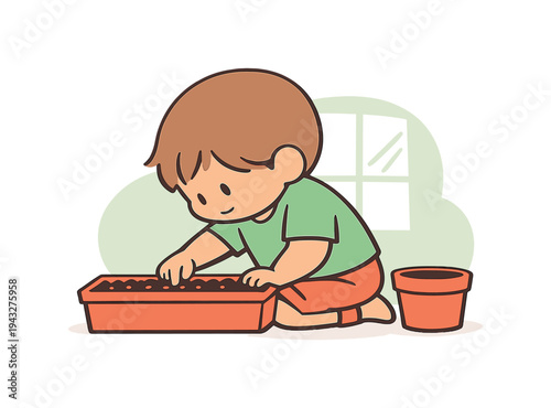 Fresh child kneels by a window box, pressing small seeds into soil while light comes through glass and a pot rests nearby waiting