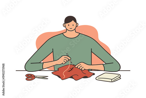 Person sewing fabric with needle and thread, scissors and folded cloth nearby