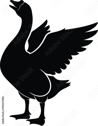 Silhouette goose with spread wings and open beak standing isolated vector design