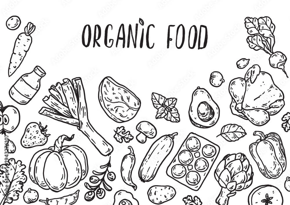 Fototapeta premium Organic food sketch doodles . Whimsical food doodles, Hand drawn vector illustration for menu, packaging design. Food quirky icons, simple sketch style. Top view. Simply fun