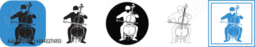 Collection of minimalist vector graphic designs illustrating a musician gracefully playing a large stringed cello with a bow in various styles.