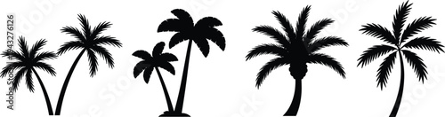Set of black silhouette palm trees isolated on white background, perfect for tropical summer vacation designs, exotic beach travel posters, and botanical vector illustrations.