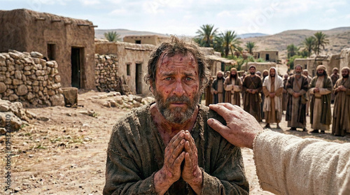 Biblical New Perspective – Jesus Touching And Healing A Leper As Seen Through His Eyes Evoking Gritty Restoration Miracle