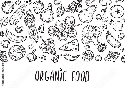 Organic food sketch doodles . Whimsical food doodles, Hand drawn vector illustration for menu, packaging design. Food quirky icons, simple sketch style. Top view. Simply fun