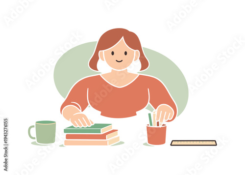 Warm person sits at a table stacking notebooks and straightening pencils as a cup and ruler rest neatly nearby. | person