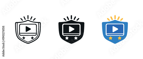 Video play button icons on shields with stars and rays, representing quality and achievement
