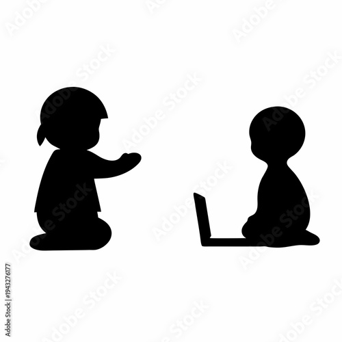 Two Children Silhouettes with One Child Using a Laptop Computer Device