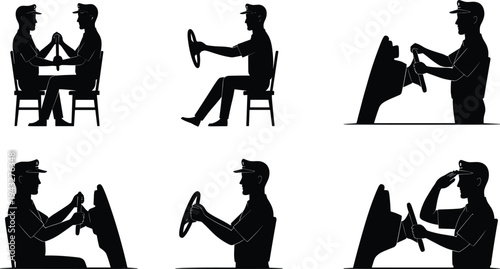 Pilot silhouette, driver training, steering wheel, vehicle control, simulator pose, uniform worker, transportation job, professional occupationPilot 