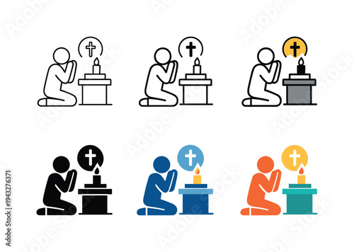 Praying person icon set with candle and cross symbol in different styles