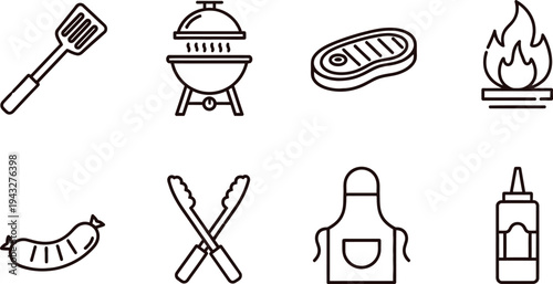Icon set for bbq and grilling concepts including utensils and food