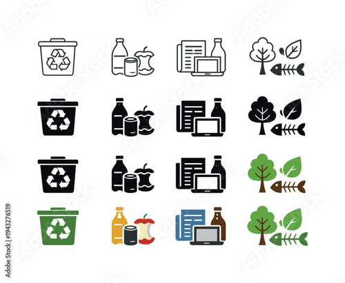 Collection of icons representing different types of waste for recycling and composting purposes