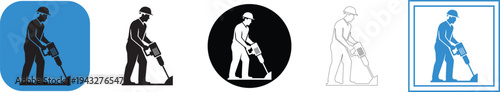 A clear vector graphic illustration depicts a male construction worker, wearing a protective hard hat, diligently operating a powerful jackhammer, breaking ground with focused determination