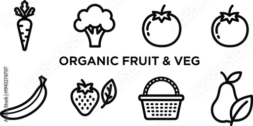 Organic fruit and vegetable icon set for healthy food illustration