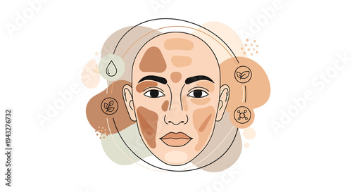 Illustrated face with skin tone variations and botanical elements