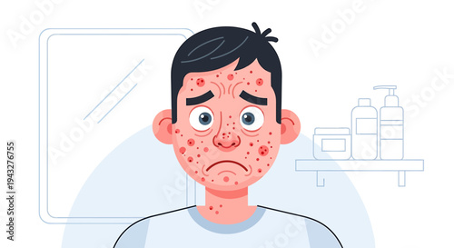 Man with facial skin condition illustrated in bathroom