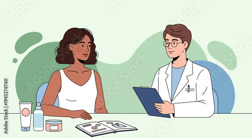 Medical consultation illustration patient doctor skincare products tabletop