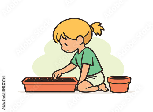 Sunny child kneels by a window box, pressing small seeds into soil while light comes through glass and a pot rests nearby waiting