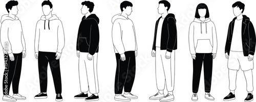 Black and White Minimalist Vector Illustration of Diverse People Wearing Streetwear Outfits Hoodies Jackets and Sweatpants Standing in Different Poses Isolated on White Background