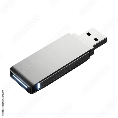 Modern silver USB flash drive with white LED light