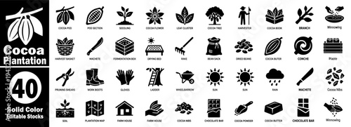 Cocoa plantation vector icons and plantation, pod, bean, seedling, flower, tree, harvester, branch, winnowing, basket, symbols vector illustrator.