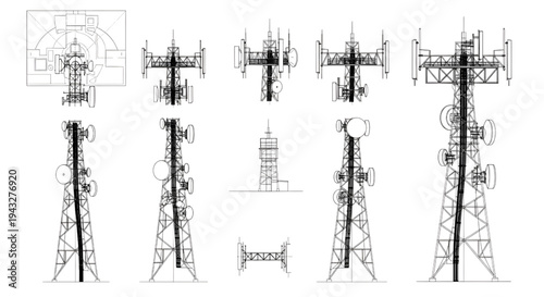 Telecommunication Tower Blueprint Vector – Cellular Antenna Mast Multi View Technical Line Drawing Isolated on White