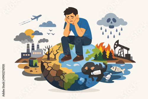 Sad Man Sitting on a Polluted Earth Globe Showing Climate Change Impacts Like Global Warming, Forest Fires, Industrial Pollution, Plastic Waste, and Drought, Flat Vector Illustration Concept