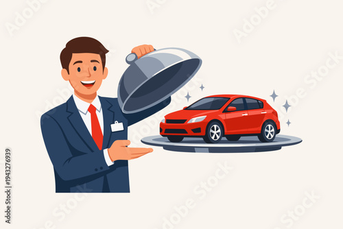 Smiling Male Salesperson in Professional Suit Presenting a Brand New Red Car on a Silver Platter with Cloche, Concept for Automotive Sales, Dealership Service, and Luxury Vehicle Purchase Offer