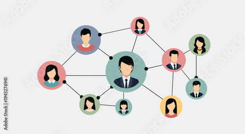 A pixelated network diagram illustrates ten diverse avatar icons, six female and four male, interconnected by thin lines on a light grey background.