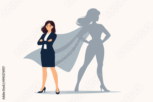 Confident Businesswoman Standing with Arms Crossed Casting a Powerful Superhero Shadow with Cape, Concept of Inner Strength, Leadership, Ambition, Empowerment, and Professional Success