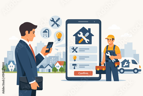 Businessman using a mobile app to book professional home repair services like plumbing, electrical, and painting. Handyman with tools and service van on a cityscape background illustration.