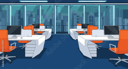 An empty modern office interior features four white desks, each equipped with a black monitor and a vibrant orange office chair, arranged in two symmetrical rows.