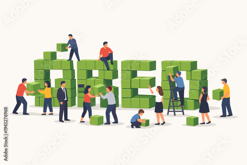 Diverse group of people collaborating to construct the word GREED from green cubical blocks, flat vector illustration depicting corporate avarice, social problems, materialism, and human nature.