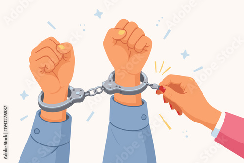 Vector illustration of a female hand with red nails unlocking steel handcuffs from a man's wrists with a key, symbolizing freedom, liberation, justice, and release from captivity or debt.
