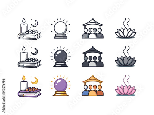Collection of mystical and spiritual icons including a crystal ball, lotus, and book with candle
