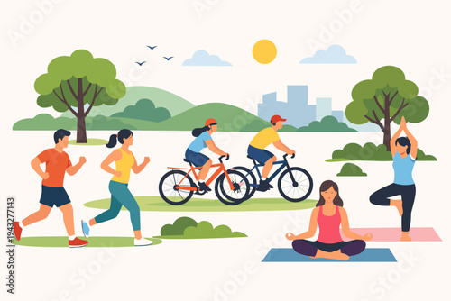 Flat vector illustration of people exercising in a sunny city park, featuring men and women running, cycling on bikes, and practicing yoga on mats amidst green trees, hills, and a clear sky.