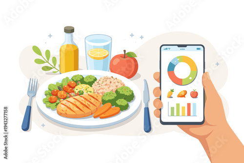Healthy food plate with grilled chicken, broccoli, and salad, featuring a hand holding a smartphone with a nutrition tracking app showing calorie charts and data for a balanced diet and lifestyle