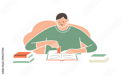 Gentle person places bookmarks into books on a desk, pages open slightly, fingers precise, stacks neat, calm mood forming order