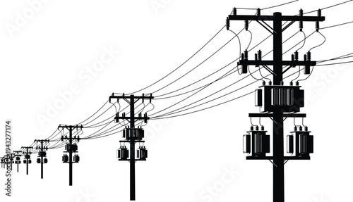 Black Silhouette of Utility Poles with Electric Transformers and Power Lines in Perspective View for Industrial Energy Supply Infrastructure Concept