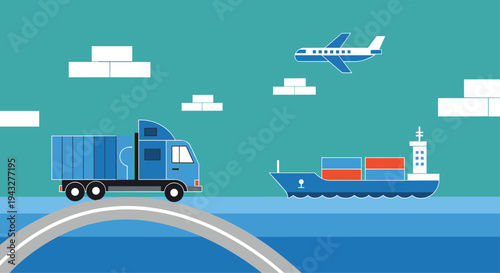 A blue semi-truck drives on a grey arched bridge, a blue cargo ship sails on dark blue water, and a blue airplane flies in a teal sky.
