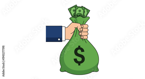 A human hand in a blue suit sleeve firmly grips a large, bulging green money bag with a white dollar sign and green banknotes protruding.