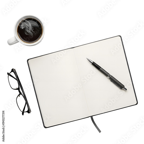Open Notebook with Pen Coffee Cup and Glasses on White Background