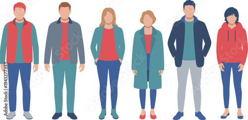 Flat Vector Illustration of Diverse Group of People Standing Together Wearing Casual Autumn Winter Outfits Fashionable Jackets Coats and Hoodies on White Background