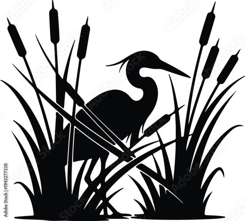 Silhouette of a heron standing among cattails and marsh grass vector design