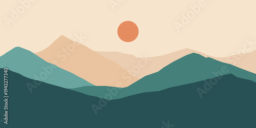 Minimalist landscape illustration of mountain ranges at sunset with a boho aesthetic. Vector art featuring earth tones, layered hills, and a sun in a clean, modern flat design.