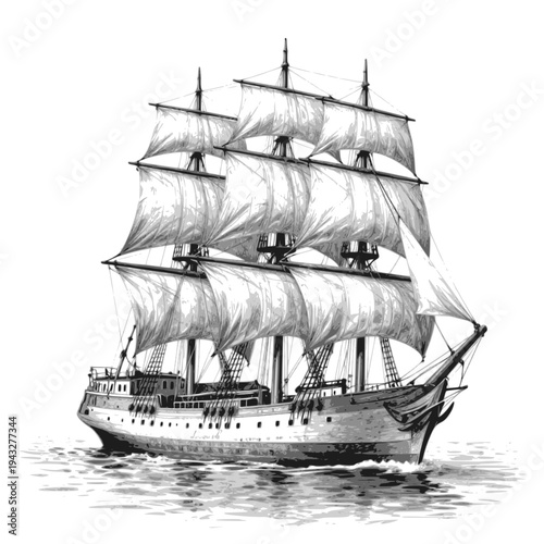 Detailed vector sketch of a majestic tall sailing ship on calm waters: Design for nautical themed wall art, historical book illustrations, or seafood restaurant menus. Transparent background SVG file.