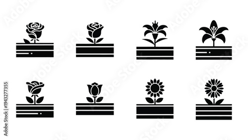 Floral Icons in Monochrome: A series of minimalistic floral icons featuring roses, lilies, and sunflowers in simple black and white design