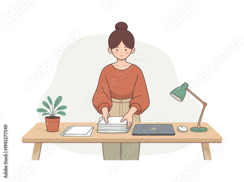 Calm person prepares a workspace at a desk, stacking papers neatly, mouse aligned, lamp angled gently, focus settling in. |