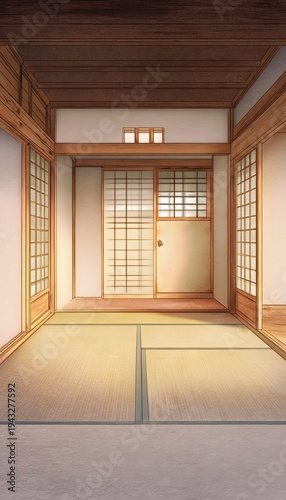 Tranquil Japanese room illustration evokes peace with shoji screens and warm wood tones