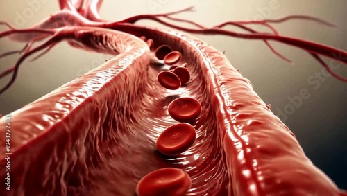 Red blood cells flowing rapidly through a blood vessel, representing the human circulatory system, vital internal processes, and medical science.