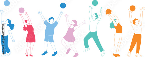 Flat vector illustration of energetic young people jumping and catching colorful balls in a minimalist line art style for sports and active lifestyle themes.